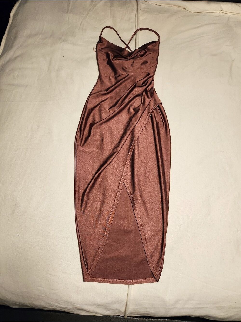Windsor Satin Spaghetti Strap Asymmetrical Split Party Midi Dress Brown X-Small - Picture 8 of 10
